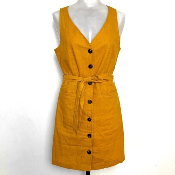 GREYLIN Linen Mustard Button-Down v neck tie waist mini Dress XS - Picture 1 of 6